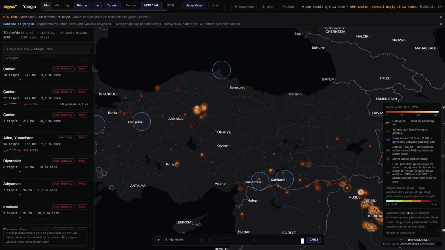 Algow Yangın — Canlı Orman Yangını Haritası