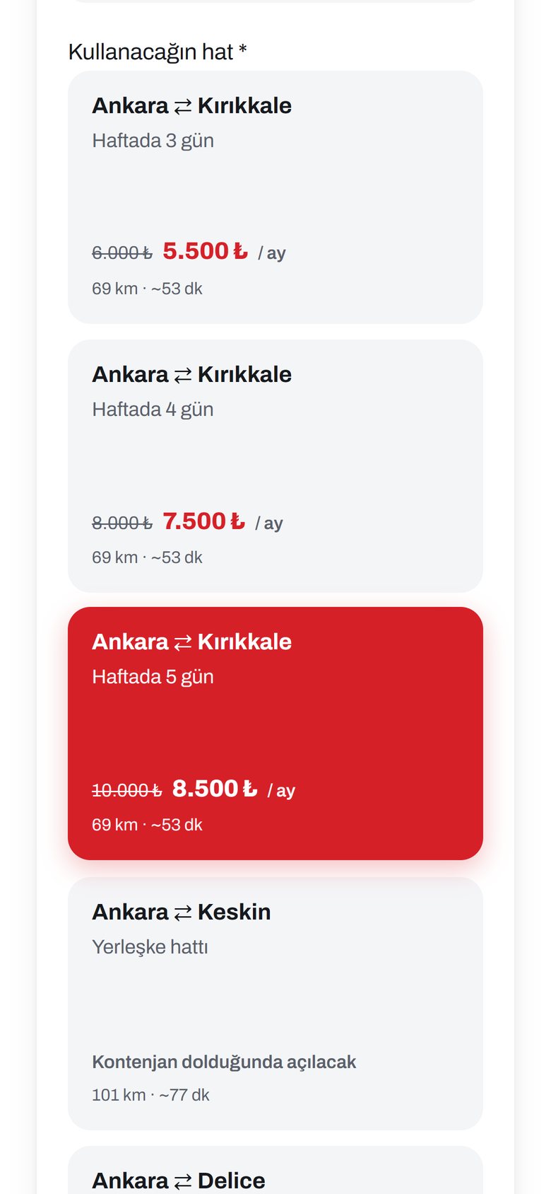 Pre-registration site on mobile: route selection and monthly fees