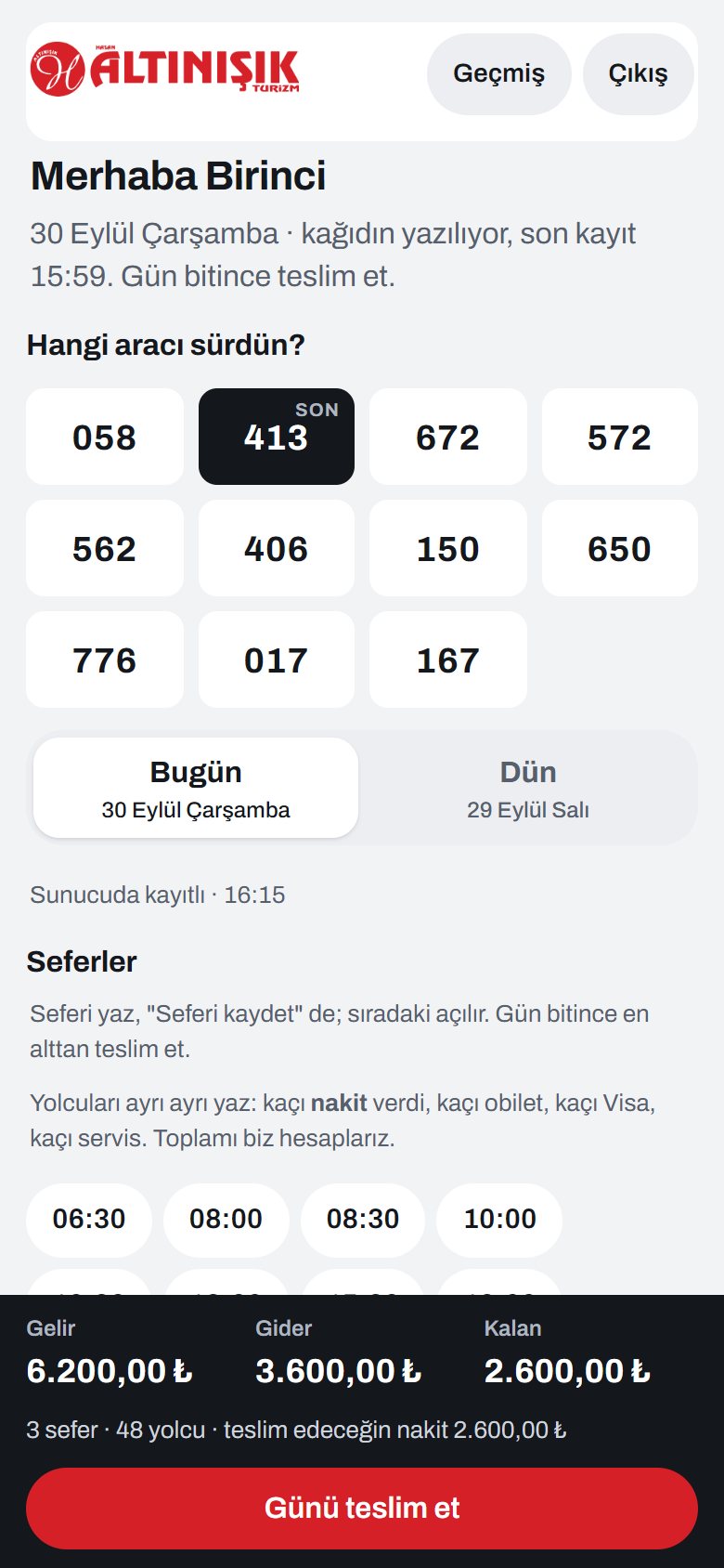 Bookkeeping app, driver screen: vehicle selection and the day’s totals (sample data)